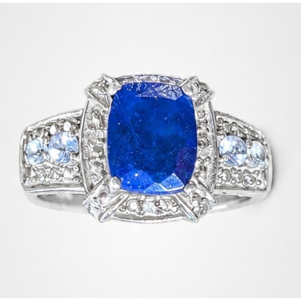 Vintage Blue Ring Glass Rhinestone Sterling Silver 925 Cocktail Square Size 8.25